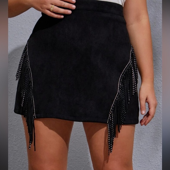 Flirla Plus Solid Rhinestone Fringe Suedette Skirt - Picture 1 of 5